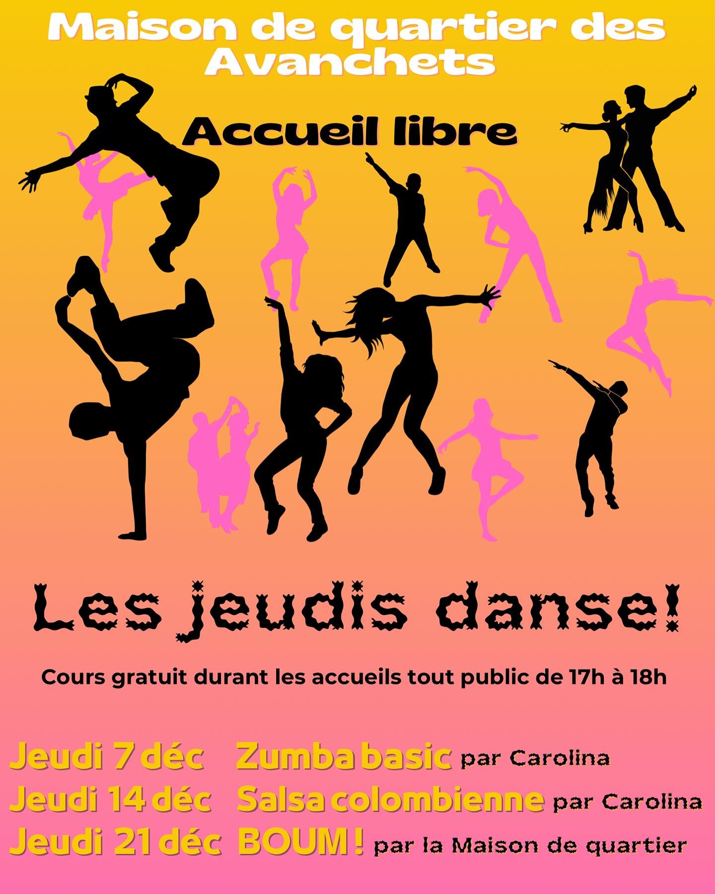 Venez danser &agrave; la Maison de quartier lors des JEUDIS DANSE! 

💃🕺

Cours gratuit lors des accueils libres tout public de 17h &agrave; 18h