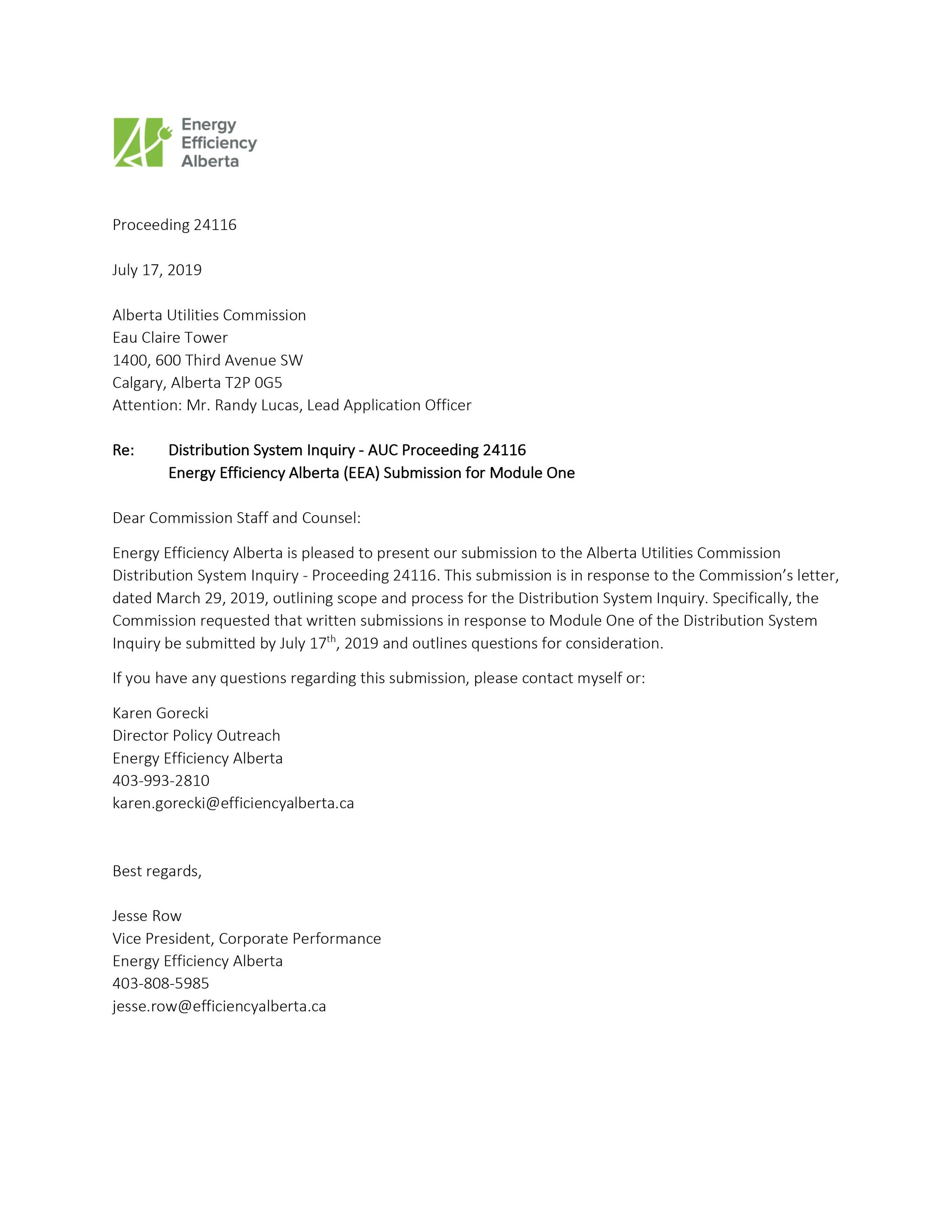 Energy Efficiency Alberta - Alberta Utilities Commission Distribution Inquiry Submission Module 1