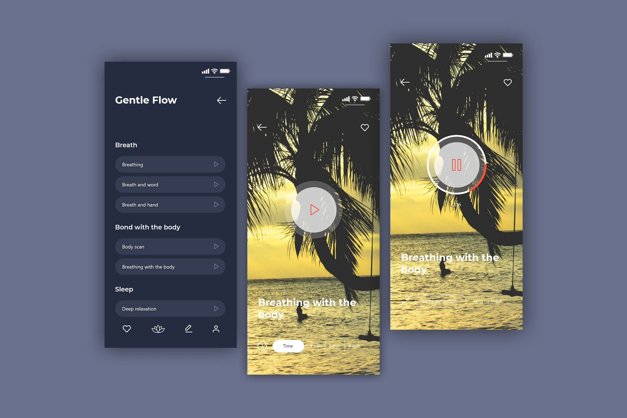 Meditation and breathing exercises screen (Gentle Flow)
