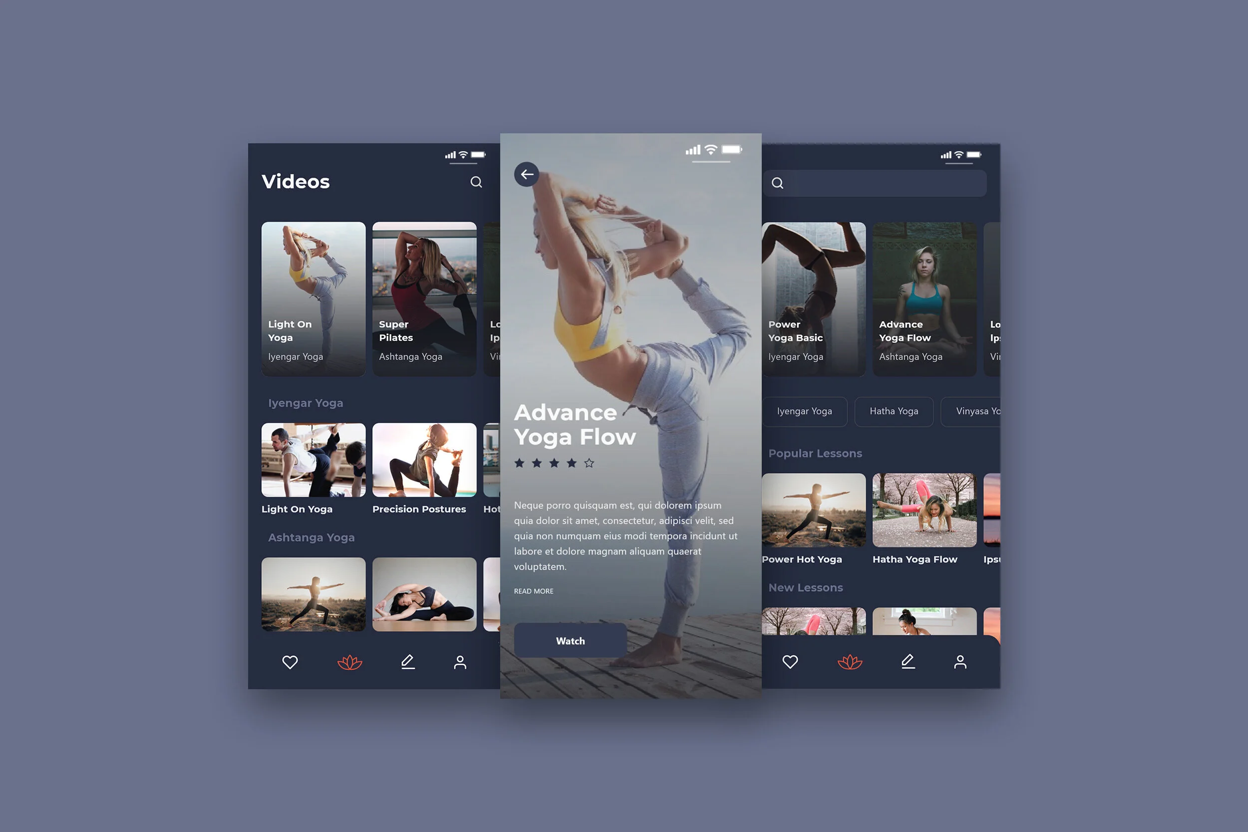 Video yoga lessons screens with a simple explanation about the class.