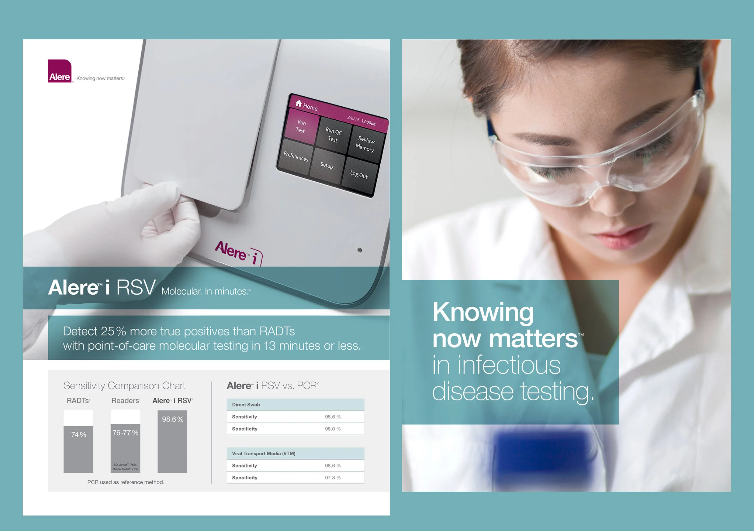 Alere™ i and Knowning now matters™ sales flyer mock-up.