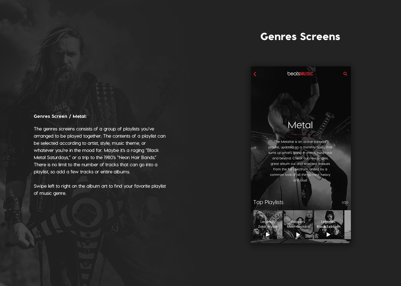 Genres screens featuring metal guitarist Zakk Wylde from Ozzy Osbourne and Black Label Society