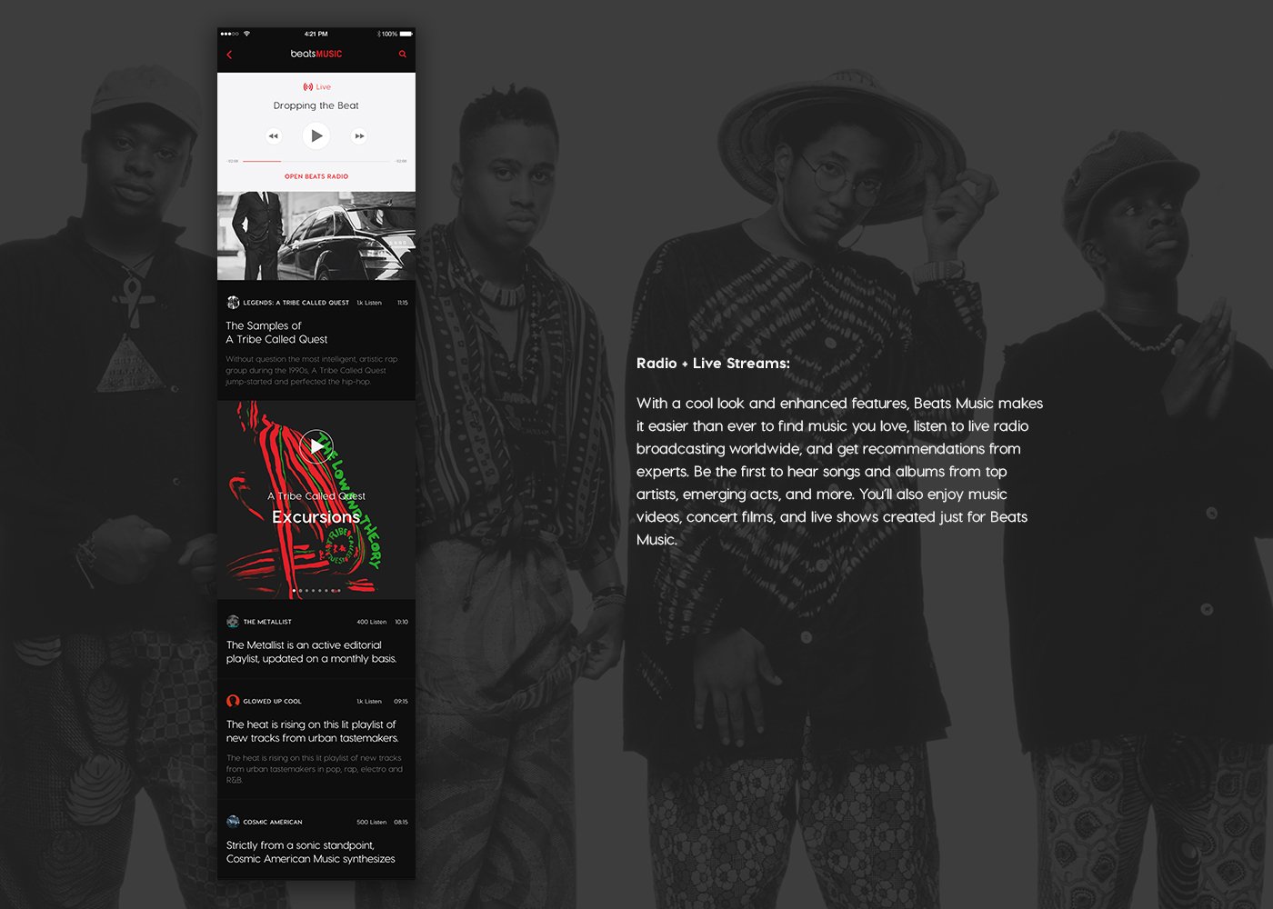 Radio + Live Streams screen featuring A Tribe Called Quest (2015)