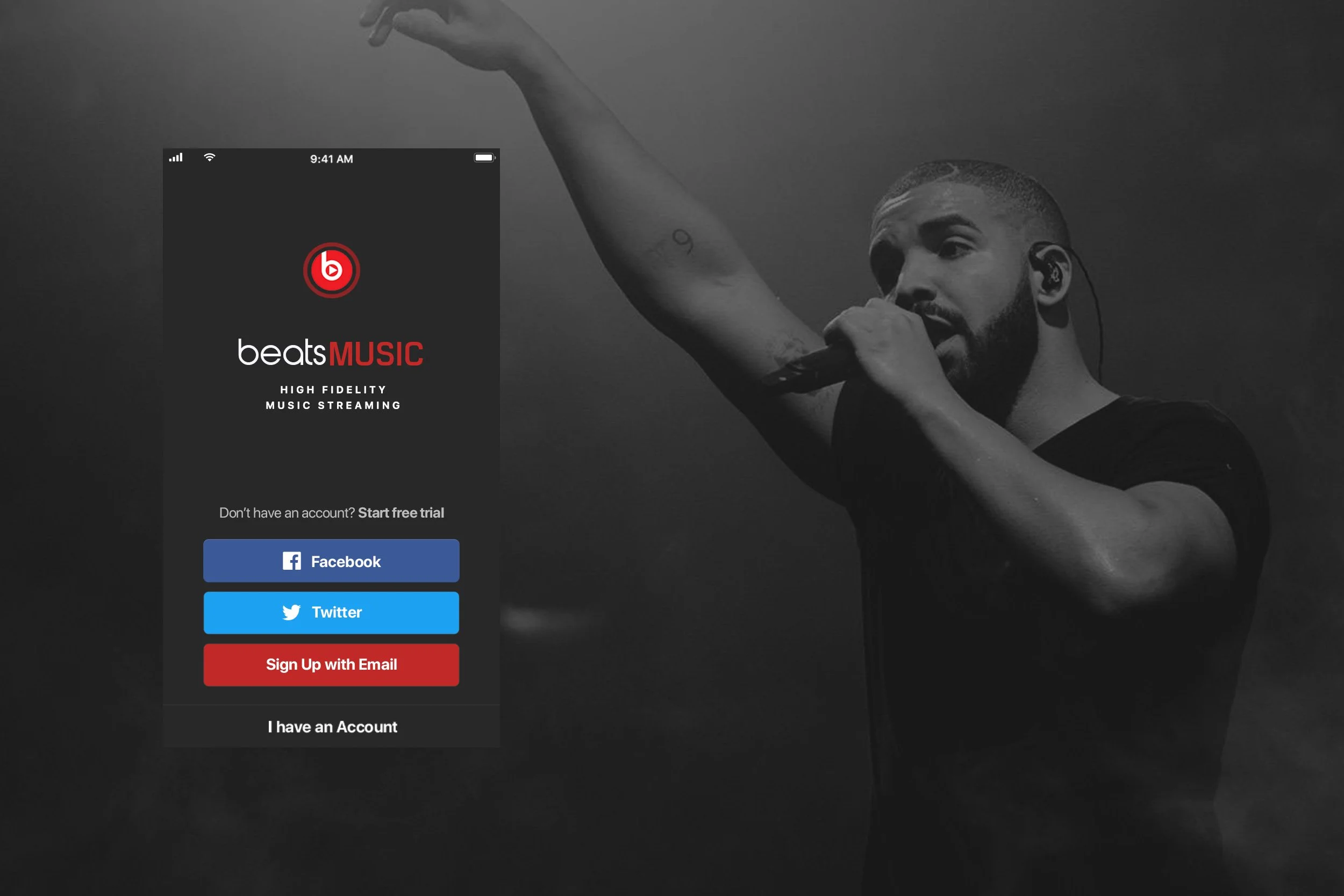 Sign up - log in screen for beats MUSIC music streaming app  featuring Drake