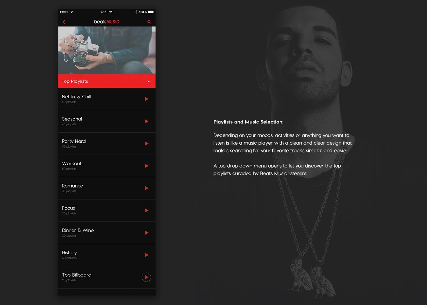 Playlist and Music Selection screen scroll down menu featuring Drake (2015)