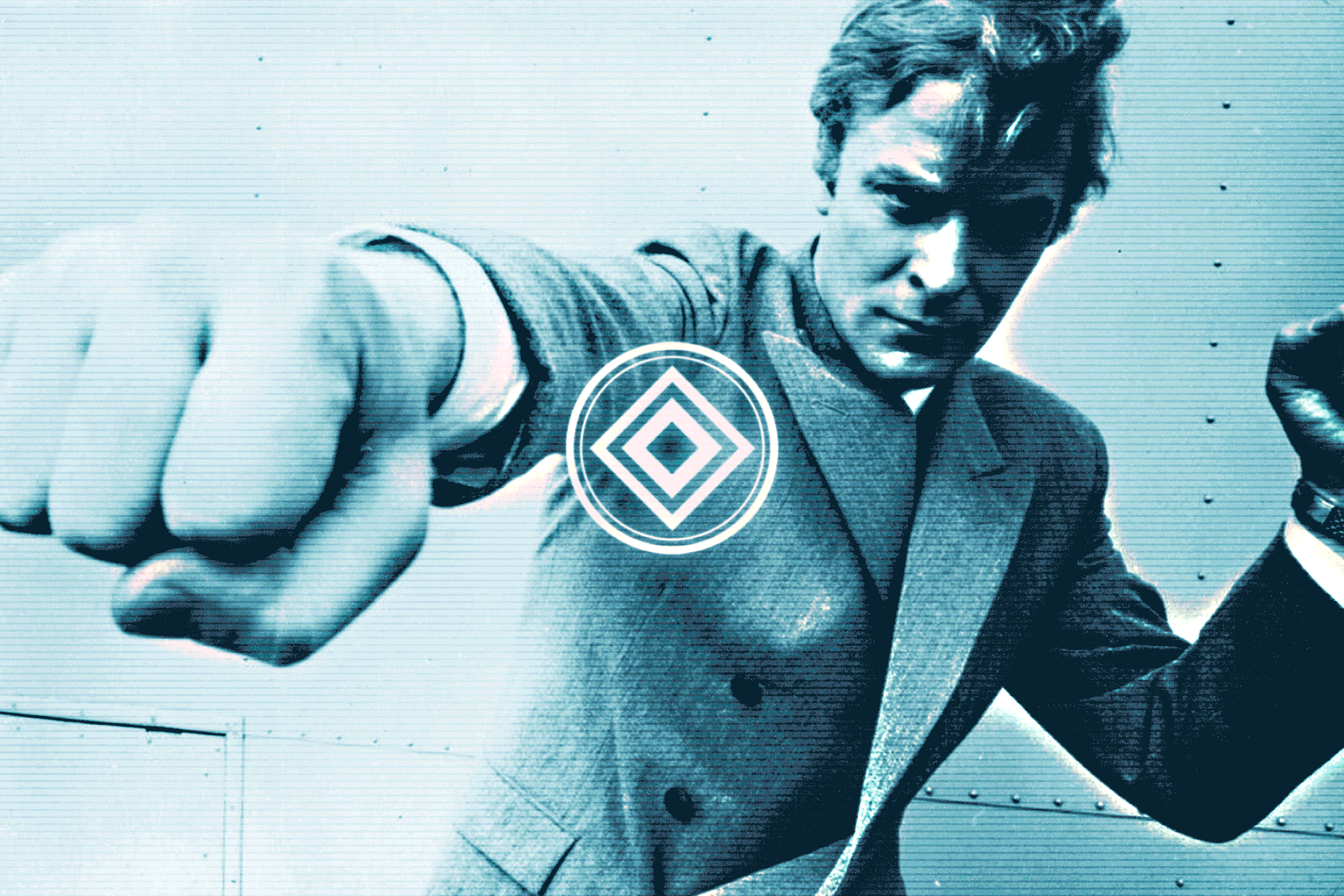 Michael Caine glitch screen image with RSPI logo in center