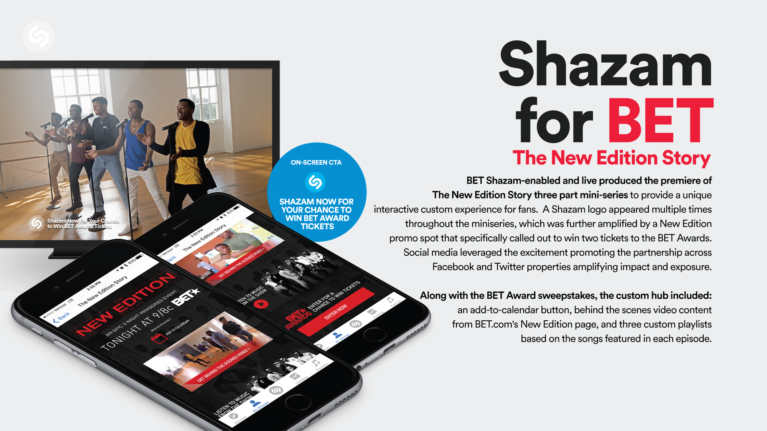 BET TV Network: Created the program for the first Shazam-enabled 3 part miniseries on BET, and partnered with sales to develop and present the final recap with up-sell opportunities to the client. 