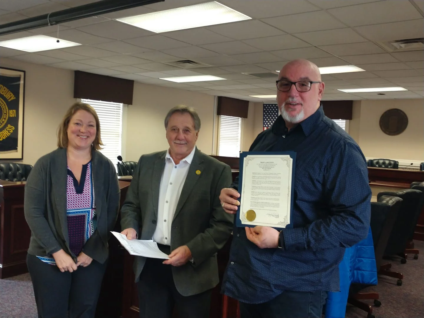 The reading of the county and city proclamations on March 2, 2019 at the Woodbury, NJ City Council chambers. From left to right, Mayor Jessica Floyd, Freeholder Frank DiMarco, Jeff Quattrone. Photo by Catherine George Kaiser.
