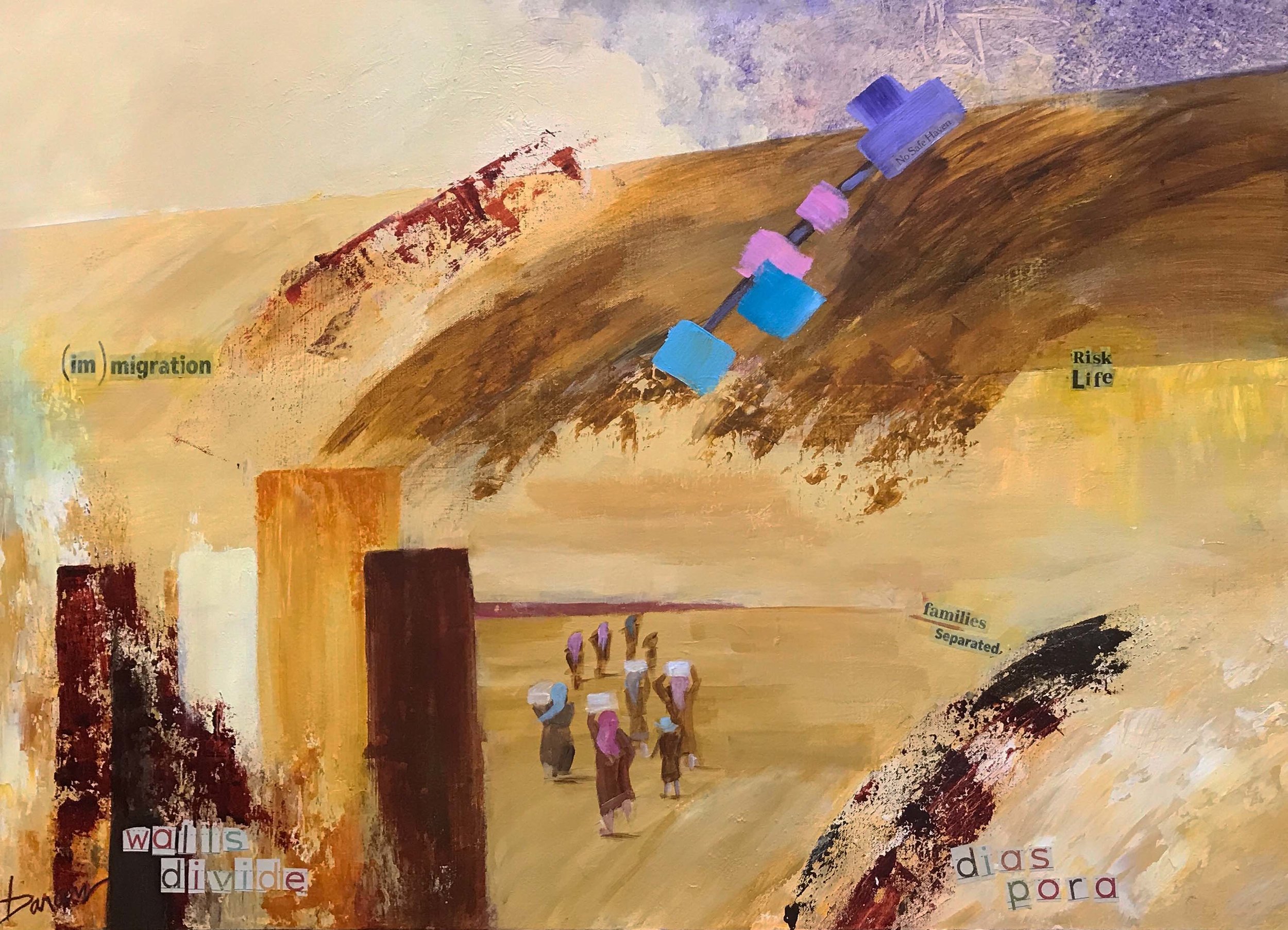 The Journey - Migration 30 x 40” Acrylic on Canvas People typically fear those they do not know or cannot identify with culturally. Thus, we see (im)migration as a threat to our ourselves and our country.We are a nation of immigrants, it is incumbent upon us to act with compassion towards those who are fleeing to freedom and a better life.