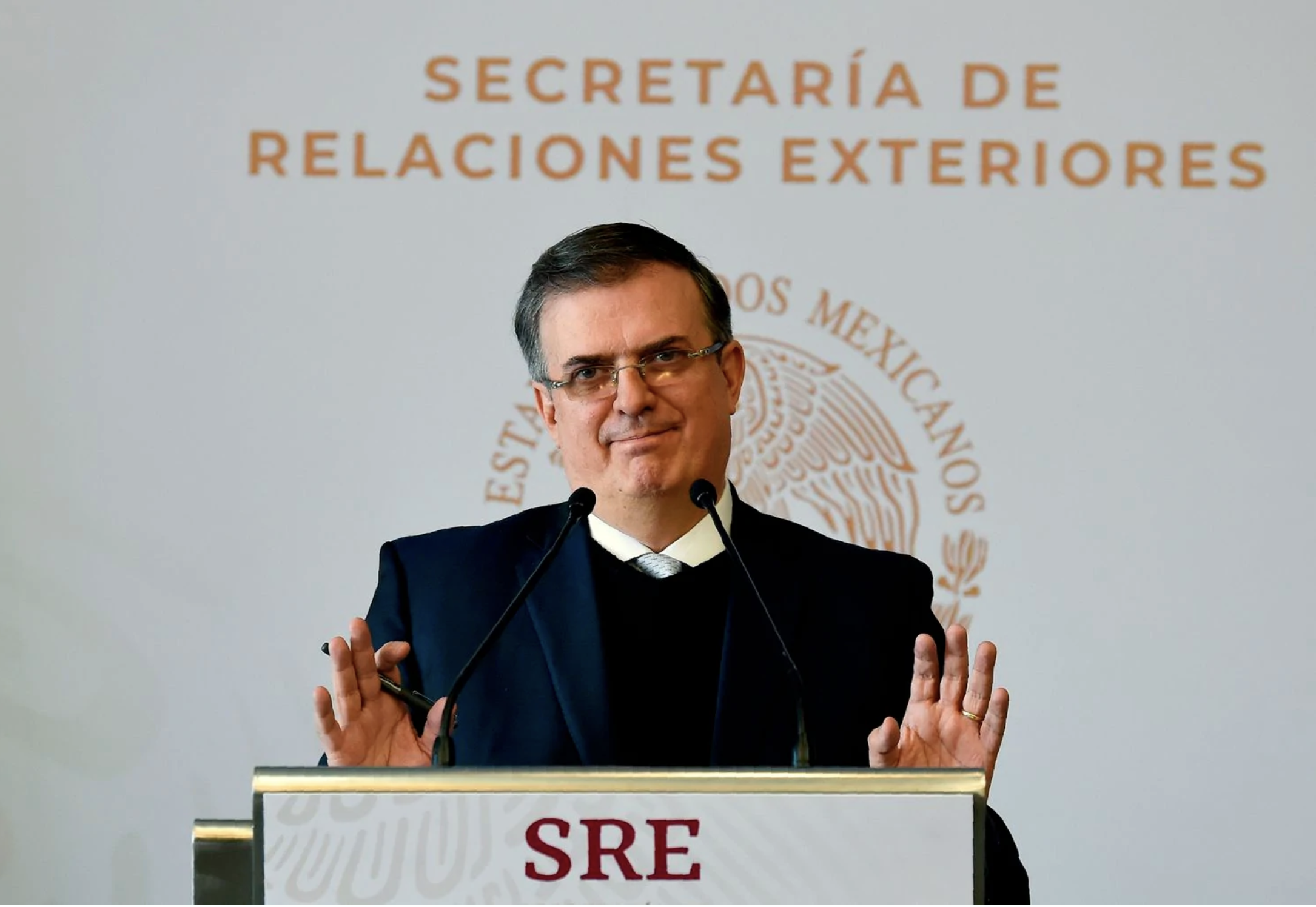 Mexican Foreign Minister Marcelo Ebrard presents an investment plan between Mexico and the United States in Mexico City on Tuesday. (Alfredo Estrella/AFP/Getty Images)