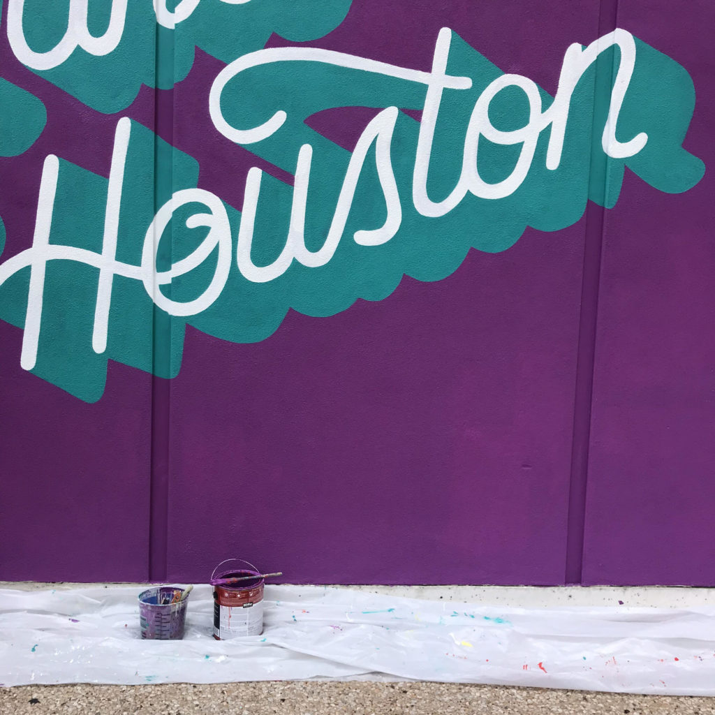 Custom Hand Painted Downtown Houston Mural with Teal and Purple