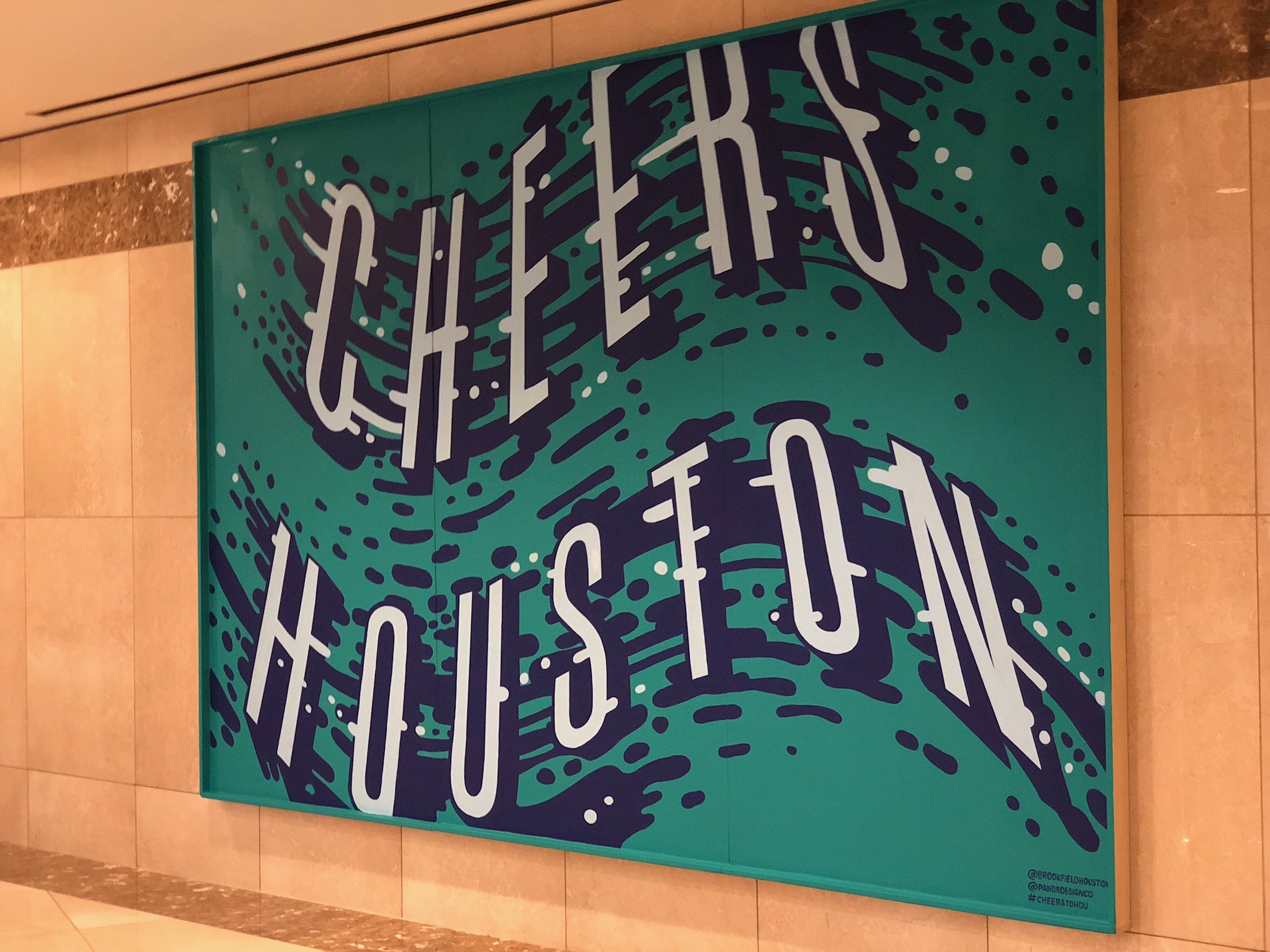 Custom Hand Painted Cheers Houston Mural with Teal and Purple