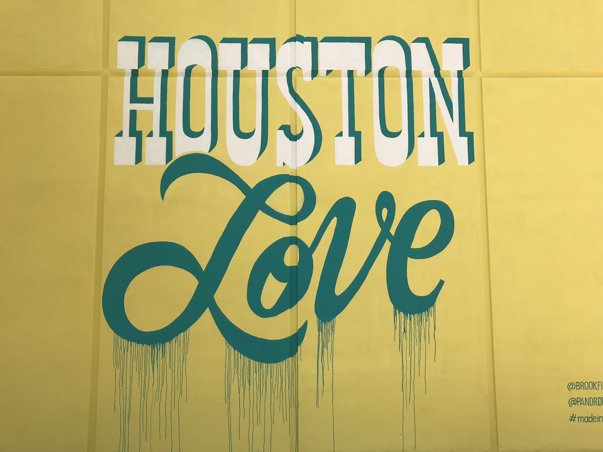 Custom Hand Painted Houston Love Mural with Yellow and Teal Drips