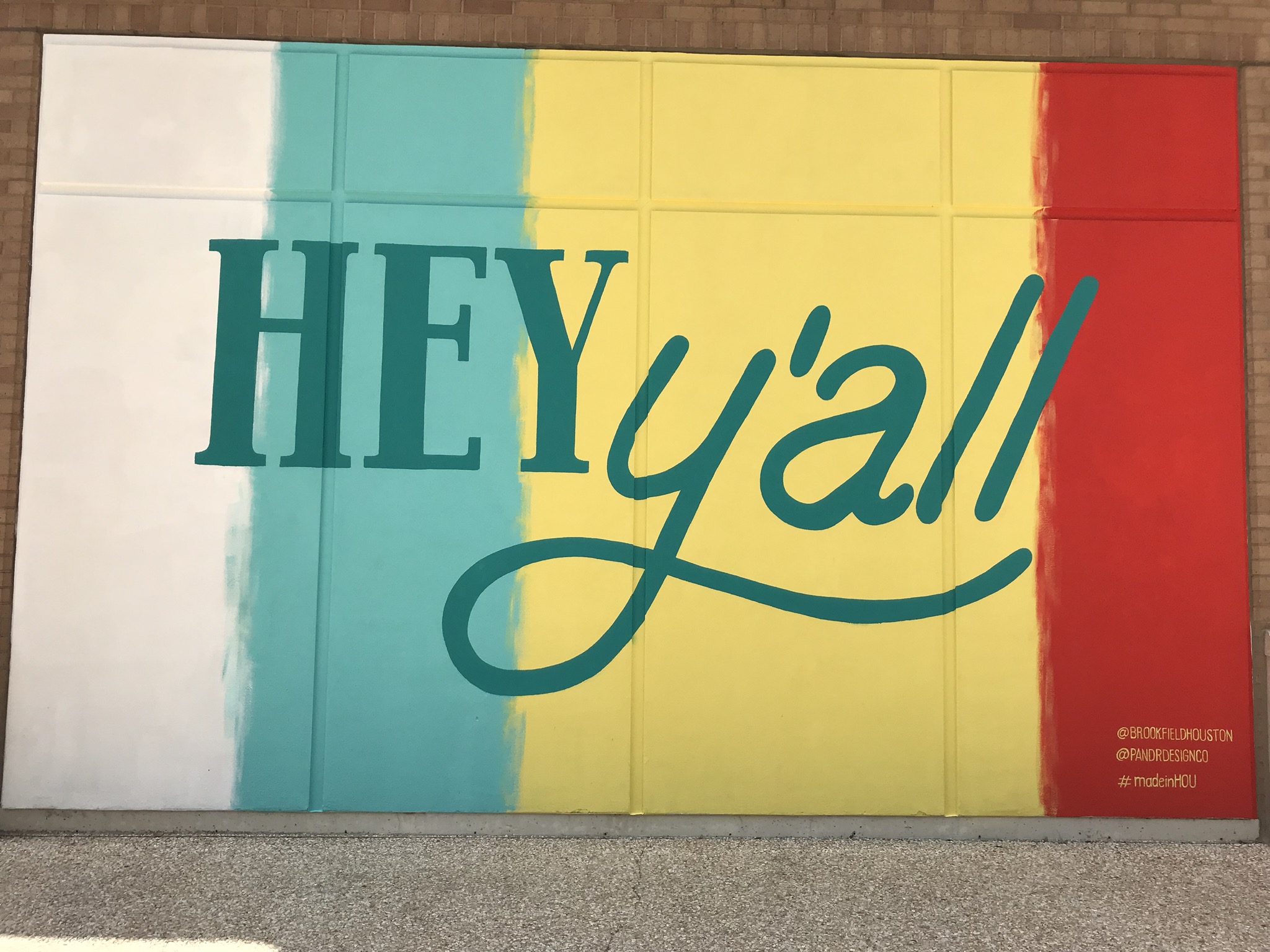 Custom Hand Painted Downtown Houston Hey Y'all Mural with Colored Strips