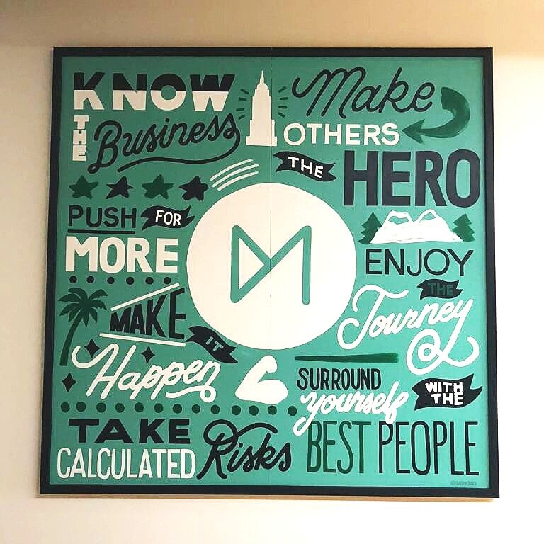 Custom Hand Painted Mural for Movement Strategy featuring inspiring words, icons, and phrases