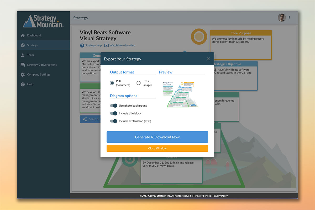 Image and PDF file export dialog for sharing organizational strategy diagram.