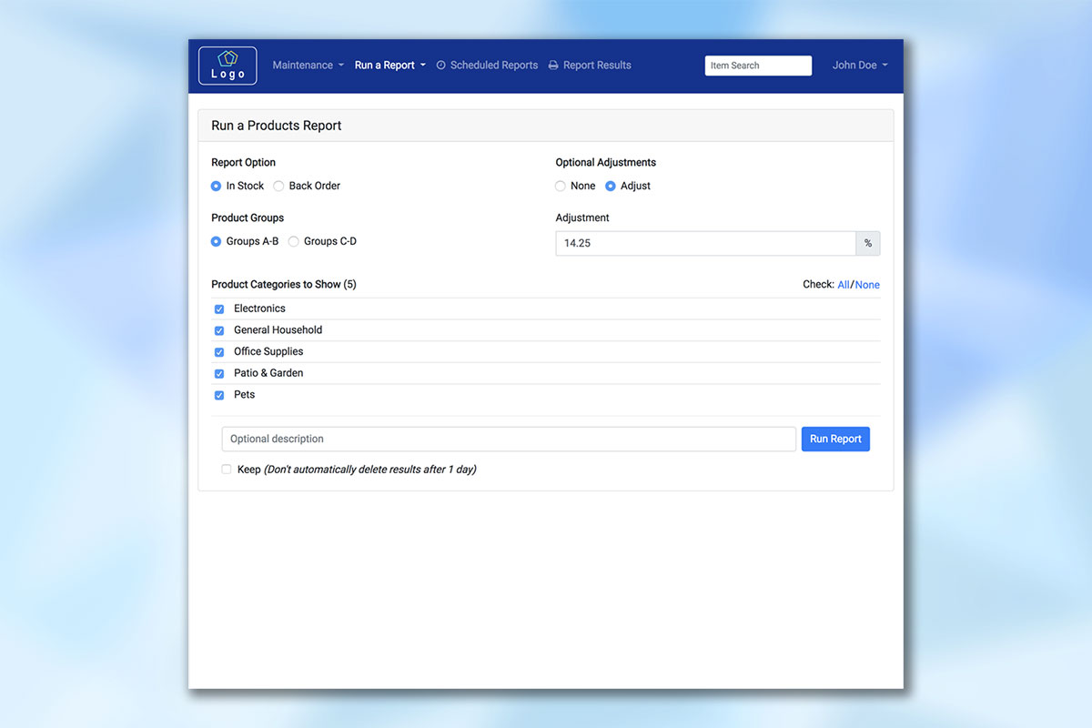 An interactive options screen for running one style of report.