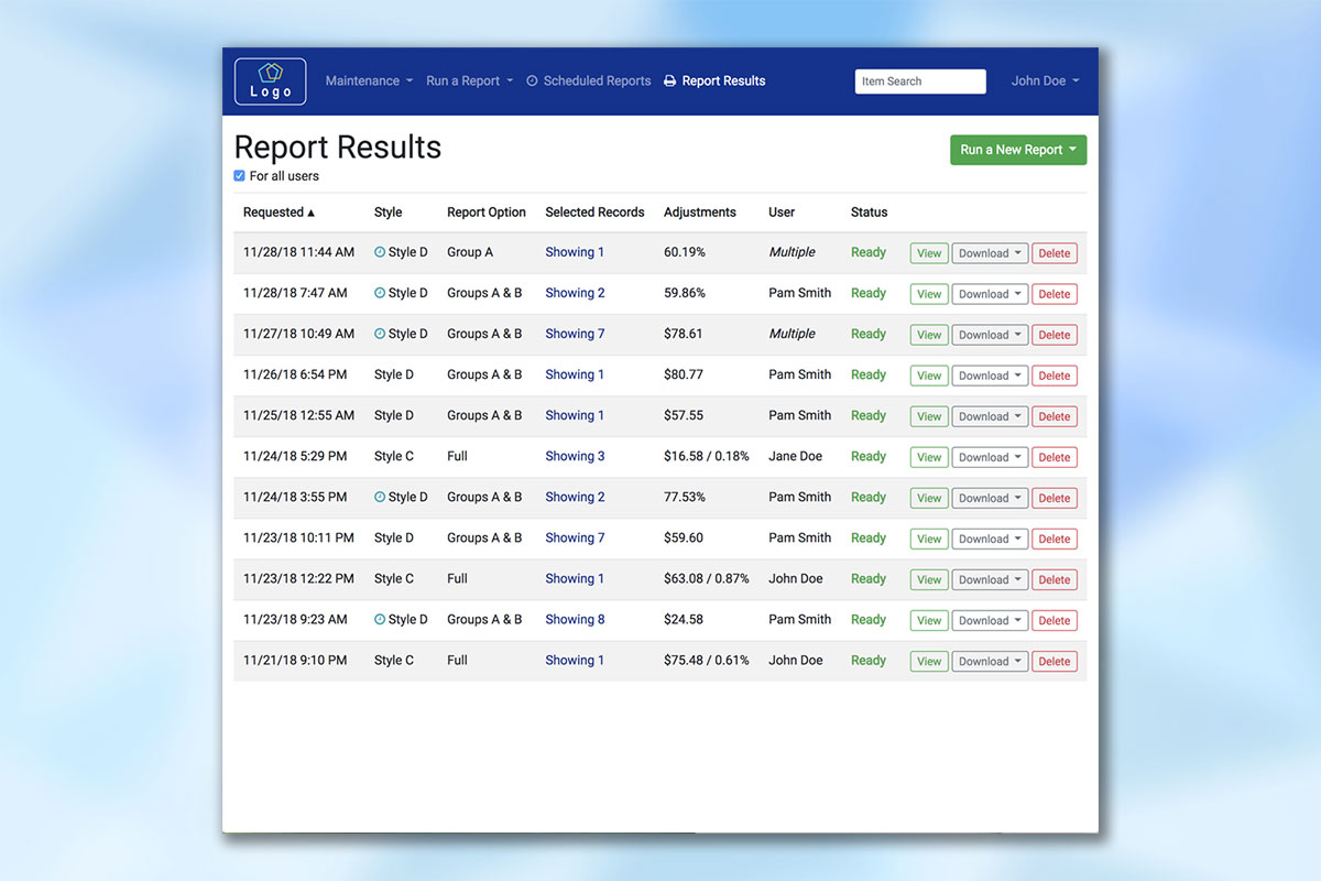 Report results screen summarizing available results to view or download.