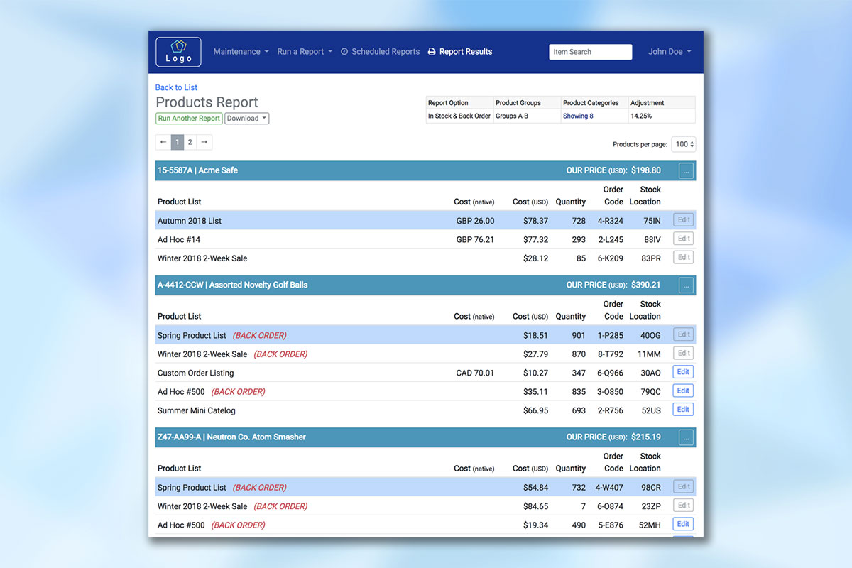 An on-screen report results display with buttons for downloading multiple file formats.