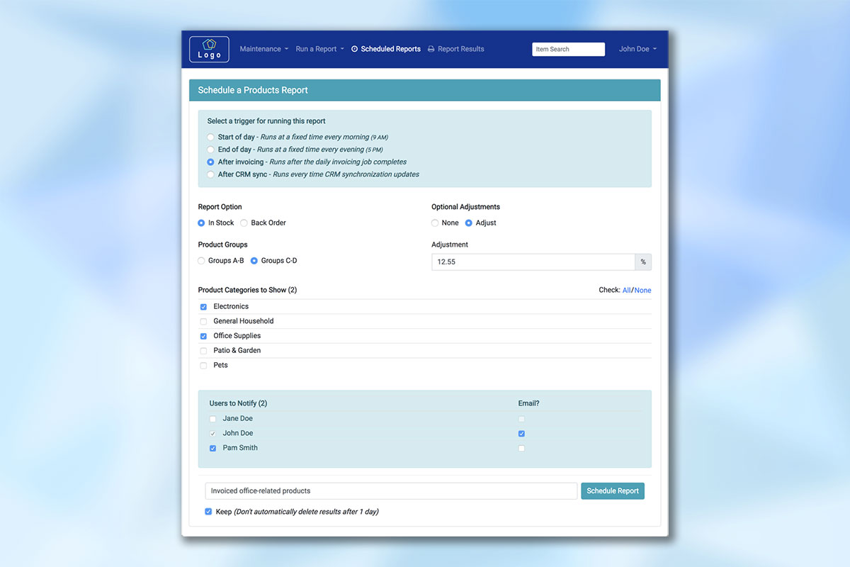 An interactive report options screen for scheduling the automatic generation of report results.