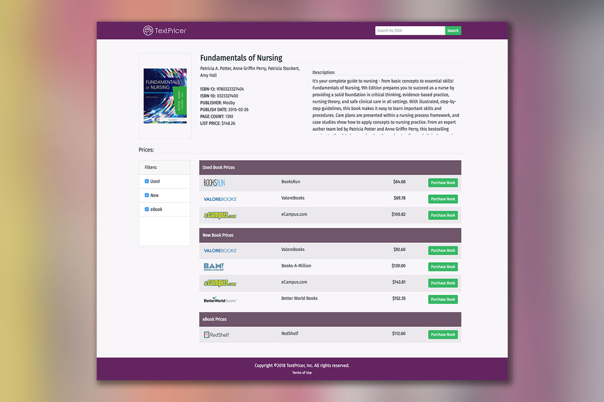 Price comparison page showing the results returned from API calls.