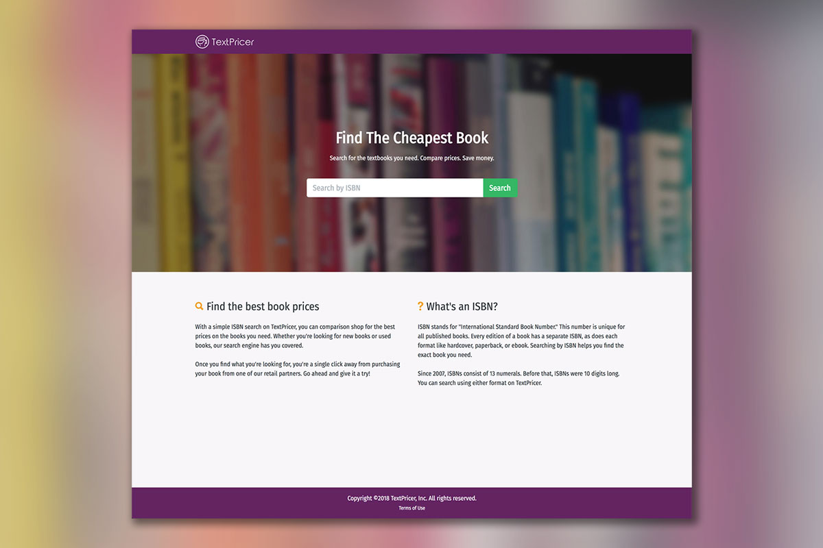 Landing page of the site accepting the ISBN for search.