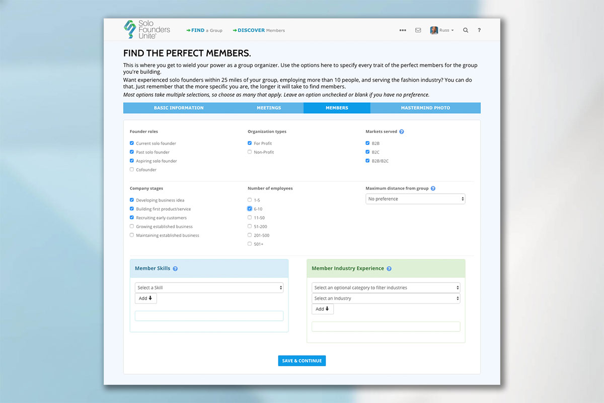  User profile setup wizard that feeds into the mastermind group matching algorithm. 