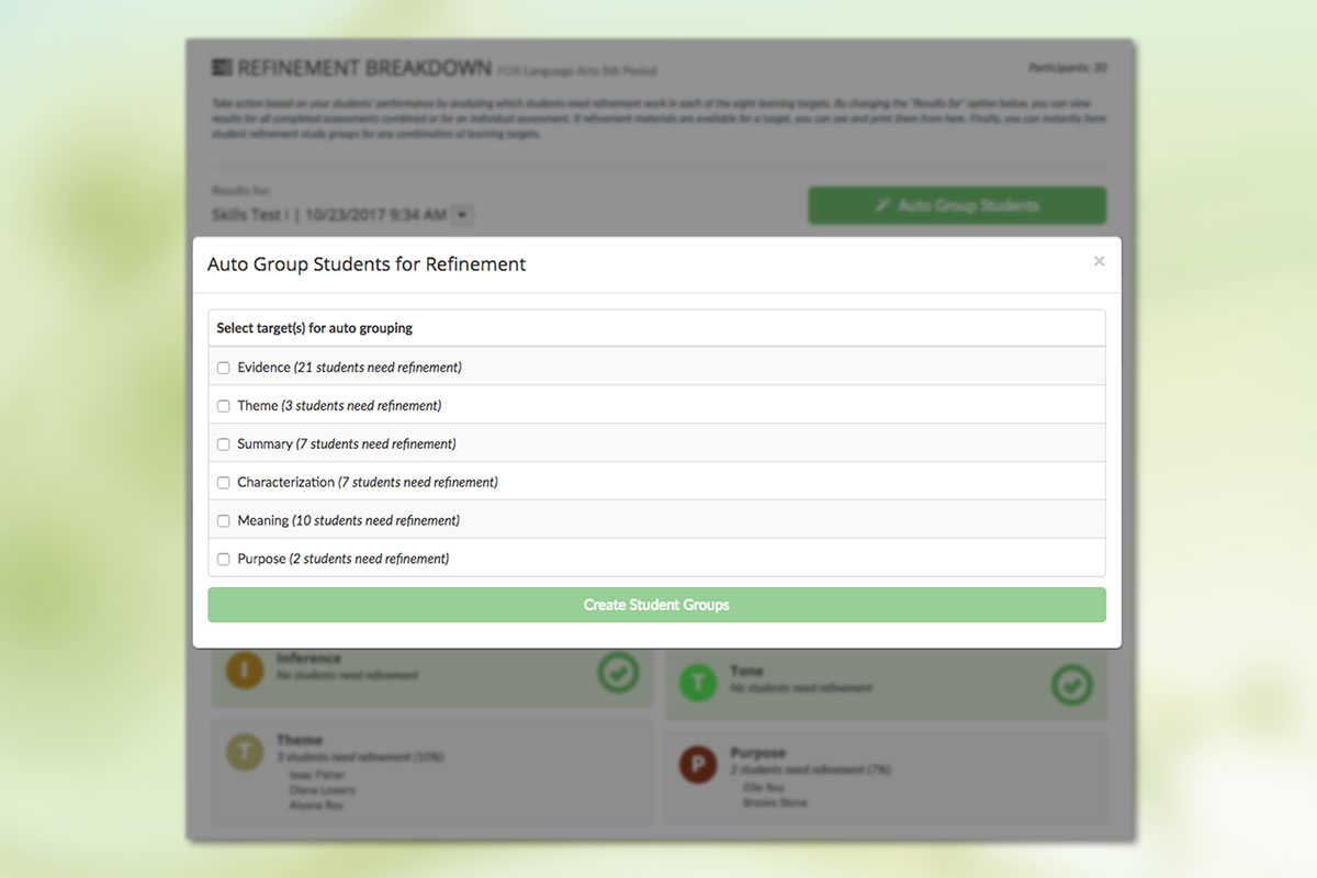 Initial React component options screen allowing teachers to select study goals.