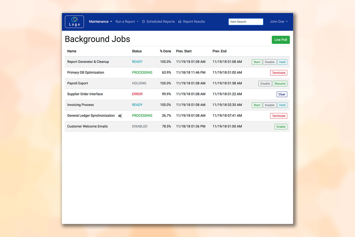 Background job management screen with real-time status display.