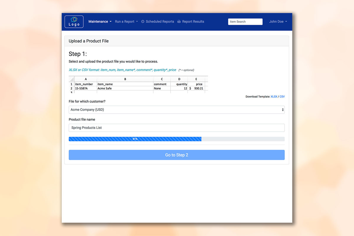  Data file upload screen with React component showing an upload to Amazon S3 in progress. 