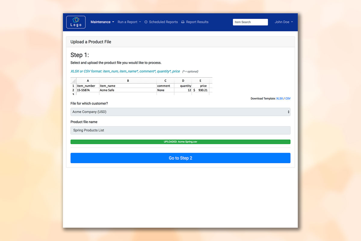 Data file upload screen with React component showing a completed upload to Amazon S3.