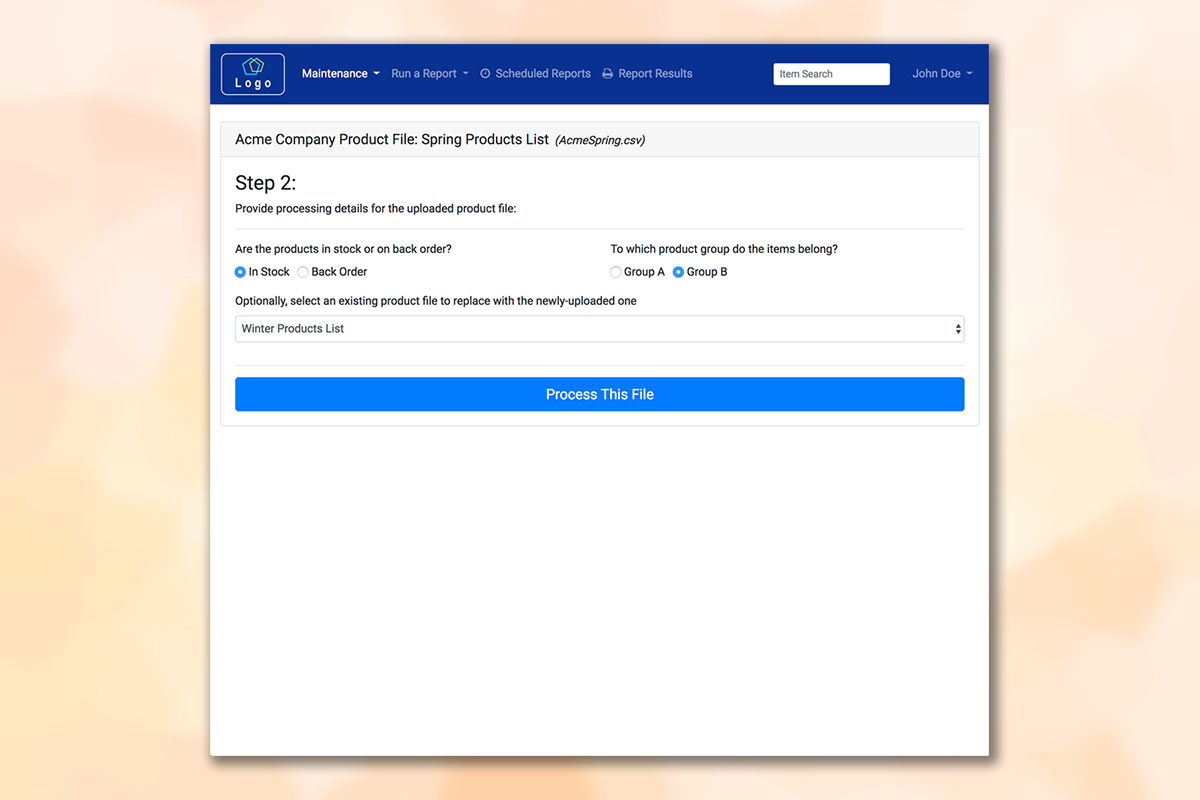  Screen #2 of a data file upload wizard allowing users to customize the processing of uploaded data files. 