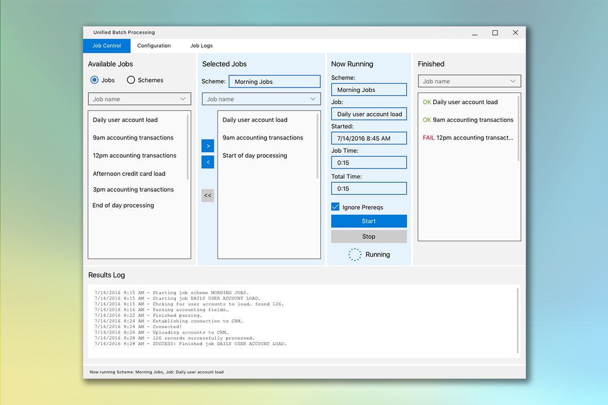Primary job control screen for running and monitoring jobs.