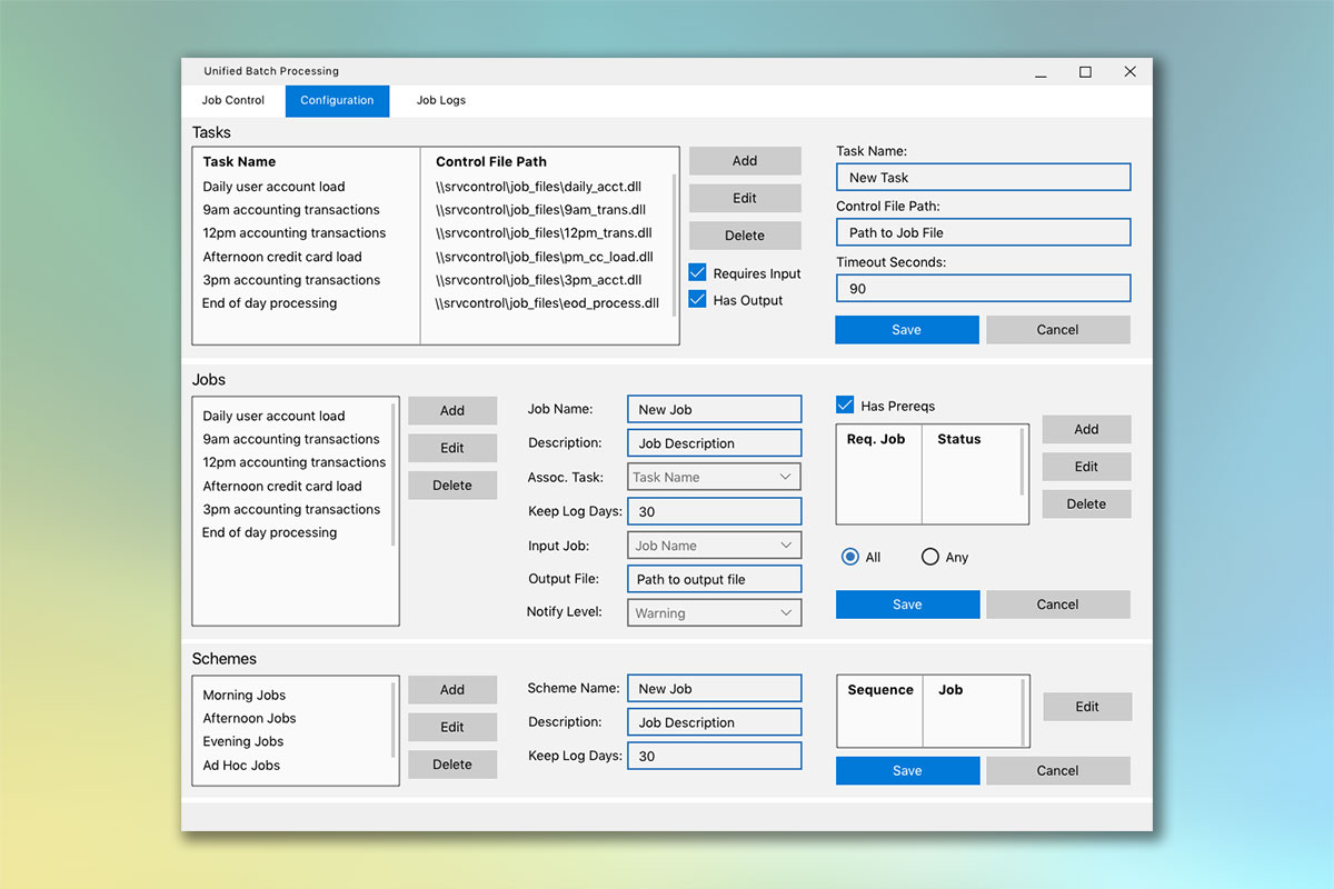 Job configuration screen for grouping jobs, setting prerequisites, and choosing error reporting levels.