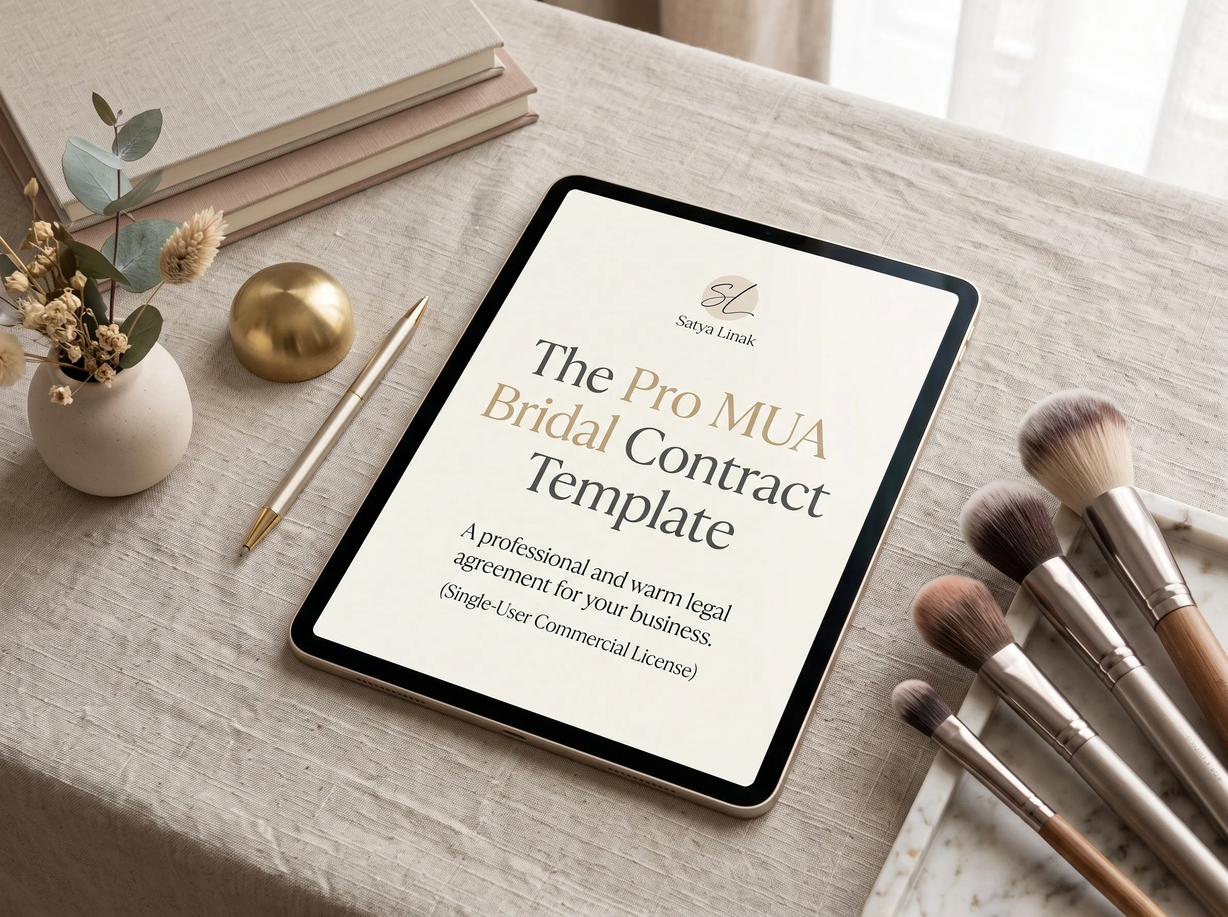 The Pro MUA Bridal Contract Template displayed on a digital tablet with professional makeup brushes on a linen surface.