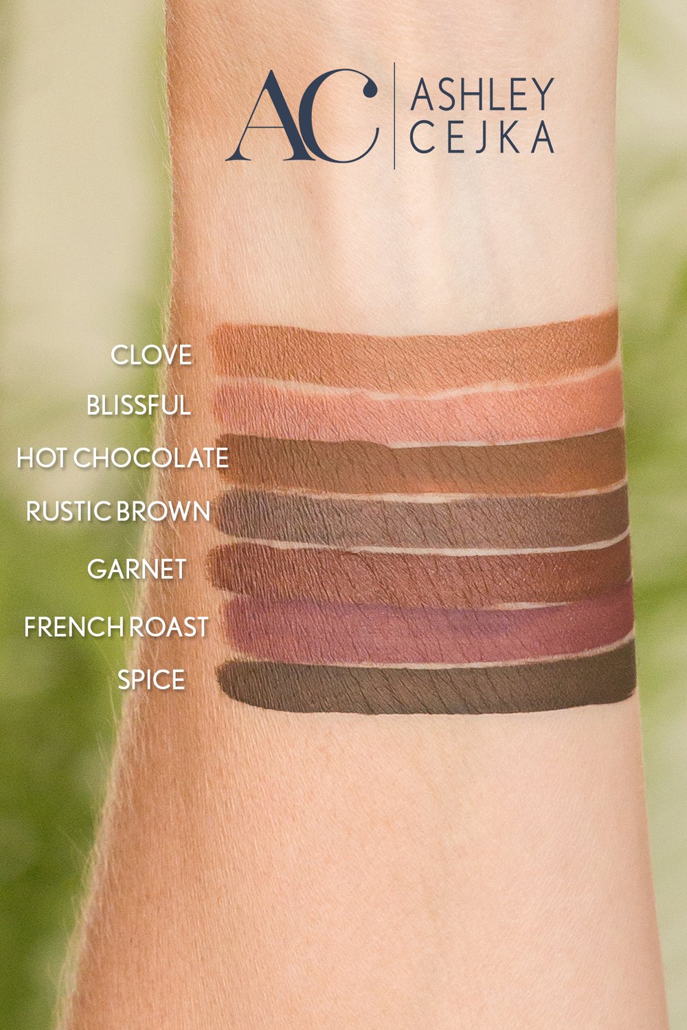  Hot Chocolate ShadowSense compared to Clove, Blissful, Rustic Brown, Garnet, French Roast, and Spice ShadowSense eye shadow colors. 