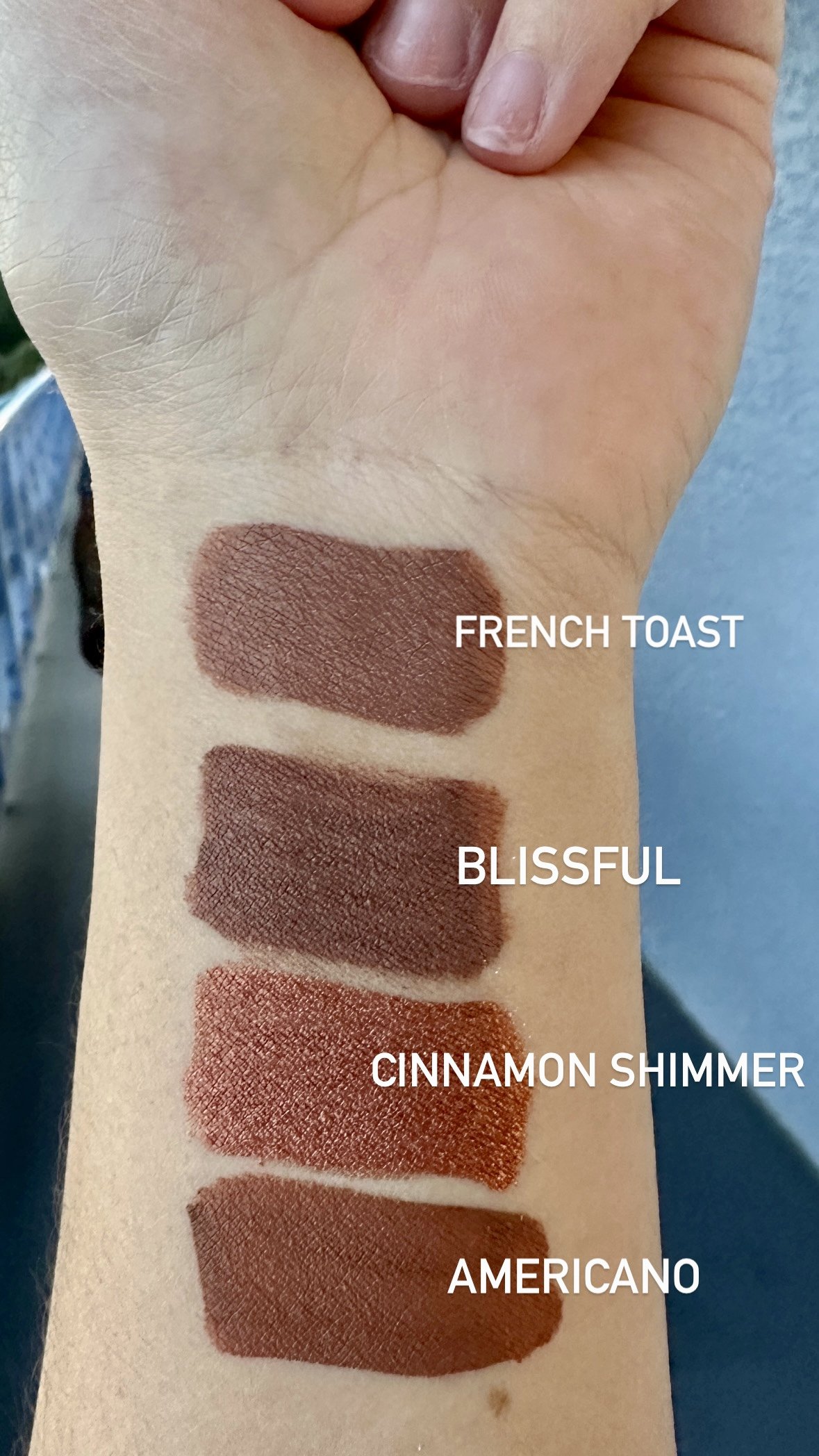 French Toast ShadowSense SeneGence Swatch Compared to Blissful, Cinnamon Shimmer, and Americano Ashley Cejka.jpeg