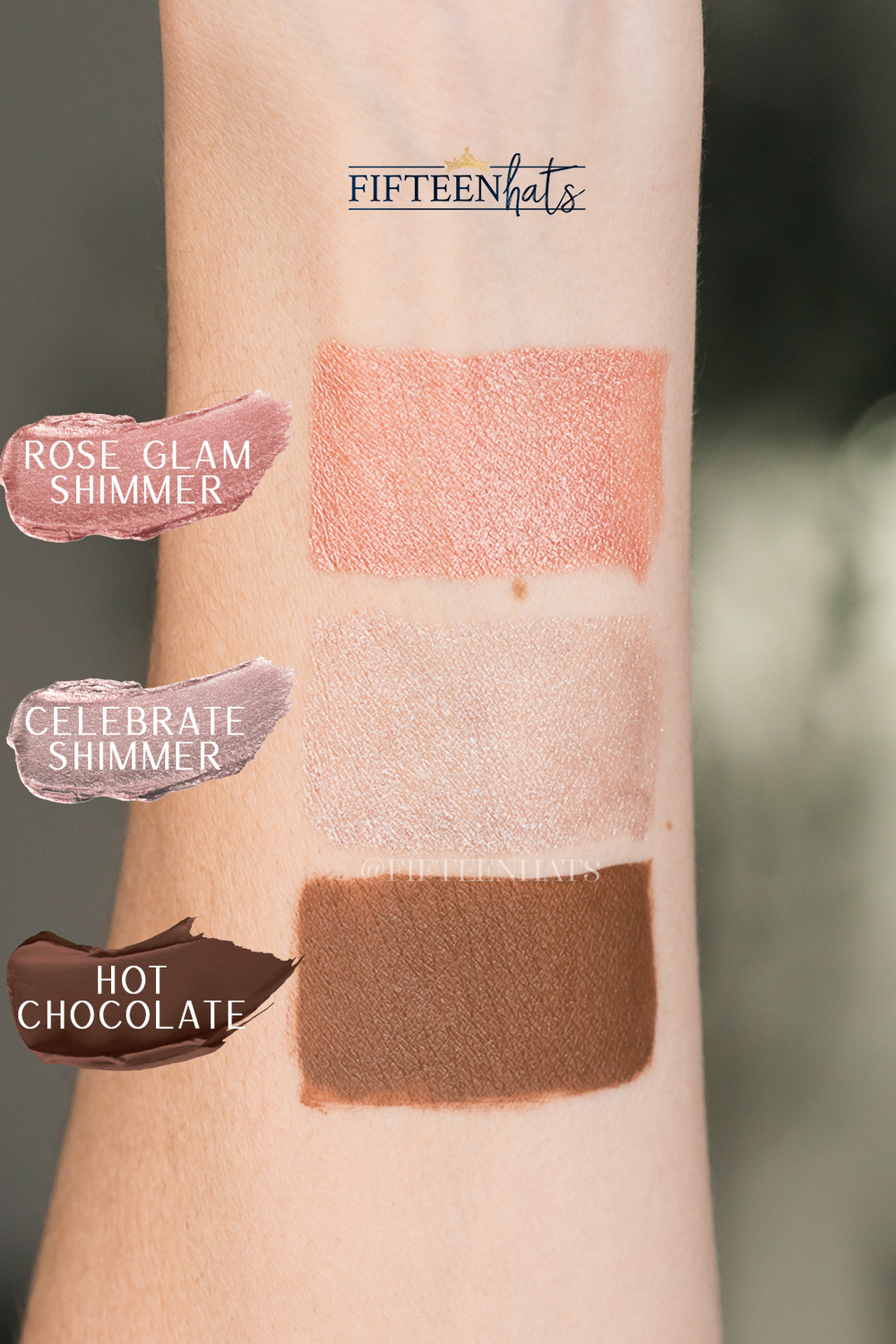 Celebrate Shimmer, Rose Glam Shimmer, and Hot Chocolate Mini ShadowSense Star Ornament Collection by SeneGence Fifteen Hats.png