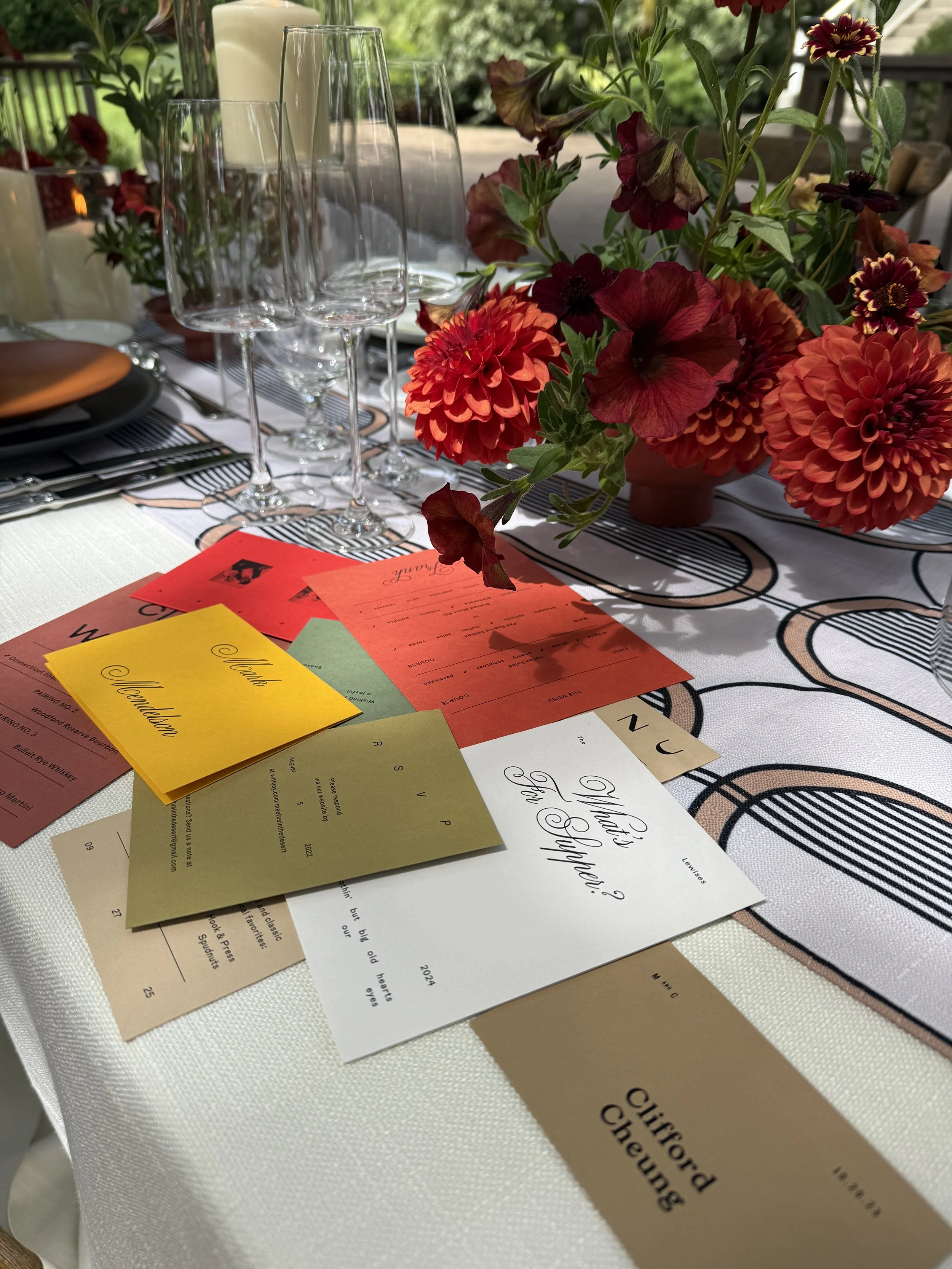 Colorful wedding stationery suite flat lay with red dahlia centerpiece, wedding florist mockup at The Madrona Healdsburg with Caitlin Gutierrez Events.JPG