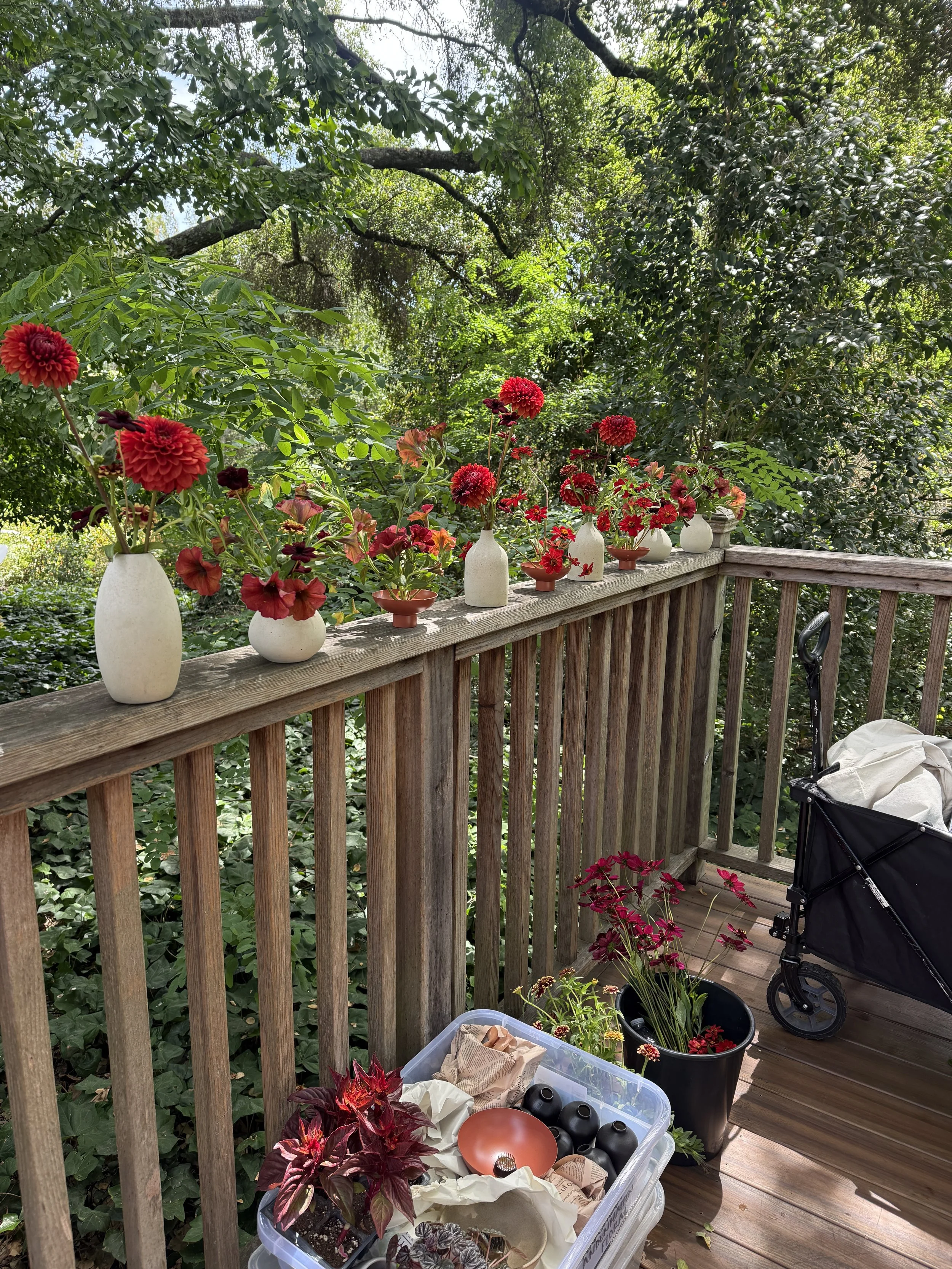 Red dahlia bud vases lined on wooden deck railing at wedding florist mockup, The Madrona Healdsburg, with Caitlin Gutierrez Events%22.JPG