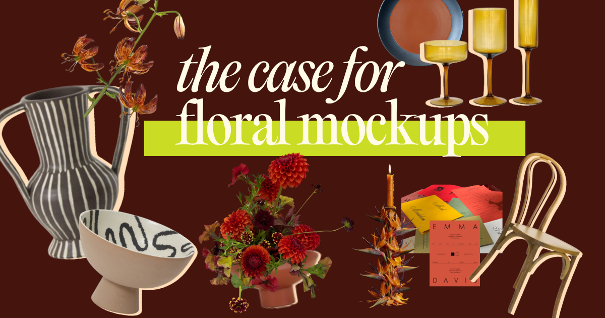 San Francisco wedding florist mockup mood board with red dahlias, striped ceramic vase, amber glassware, colorful stationery, and a curved wooden chair on a deep burgundy background.