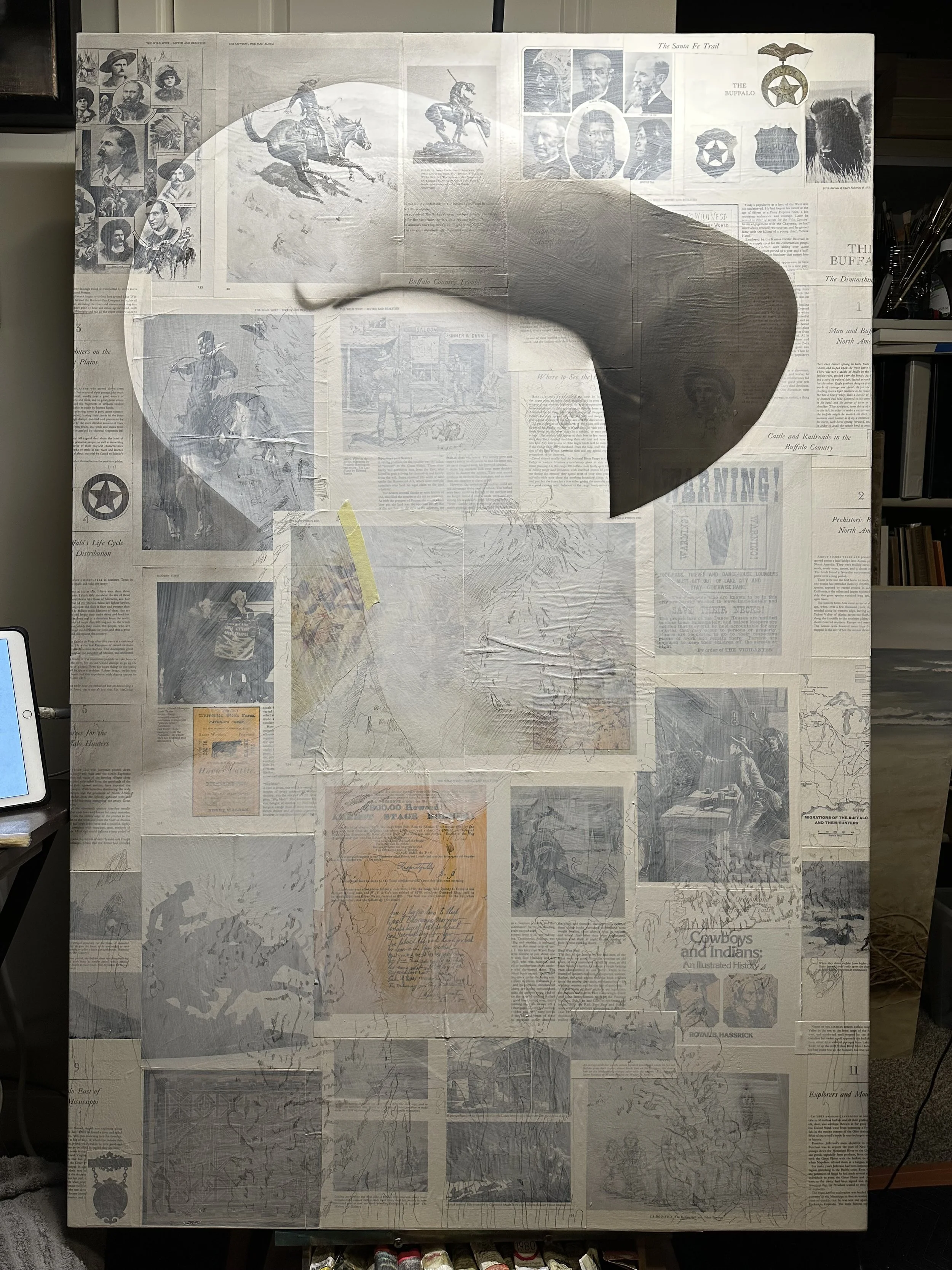  I start by collaging the background with old photos and pages from vintage books on the subject.  Then I draw on top of the collage.  After I’m happy with the drawing I begin airbrushing with acrylic paint.  