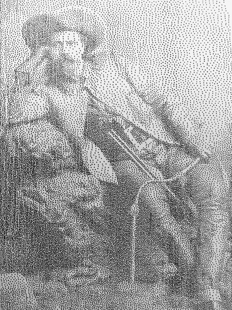  The process for Buffalo Bill in the pointillist style.  Oil paint pen on paper. 17”/22” 