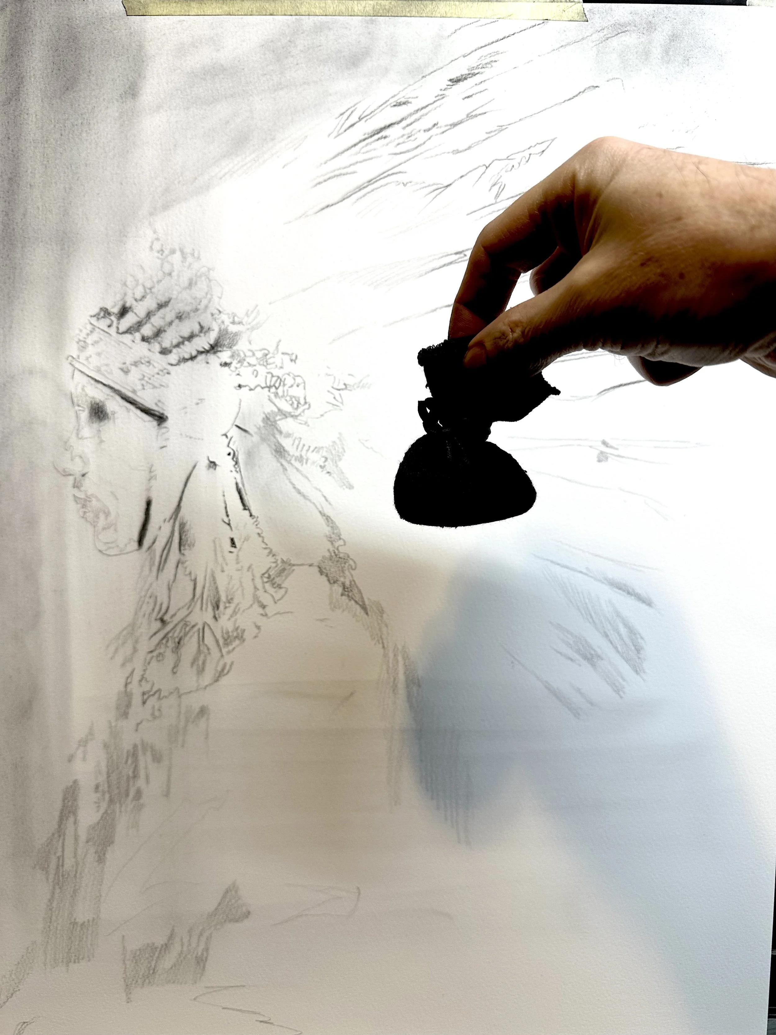  I start with a simple line drawing and tone the large dark values with a charcoal sachet.   