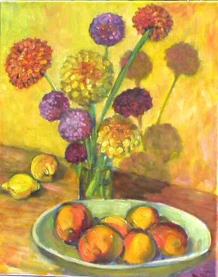 Dahlias and fruit from my Garden oil painting