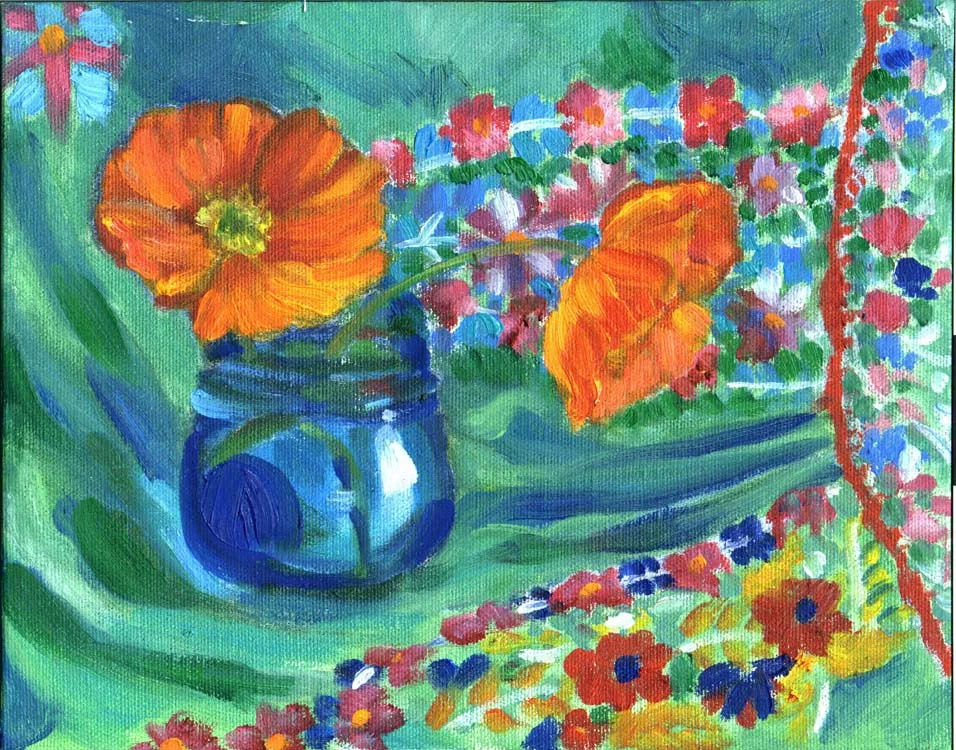 Orange Poppy in Jerusalem Glass oil painting