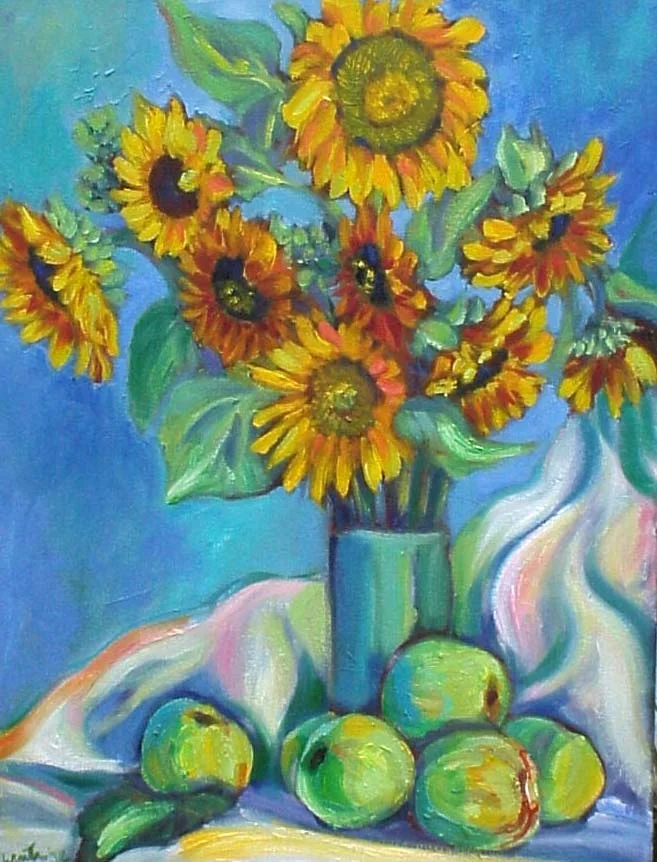 Sunflowers and Apples from my Garden oil painting