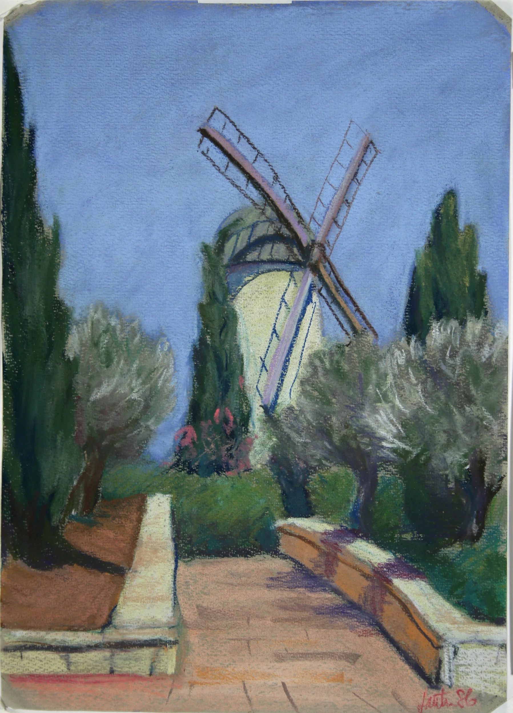 Montefiore Windmill Mid-day in Jerusalem chalk drawing