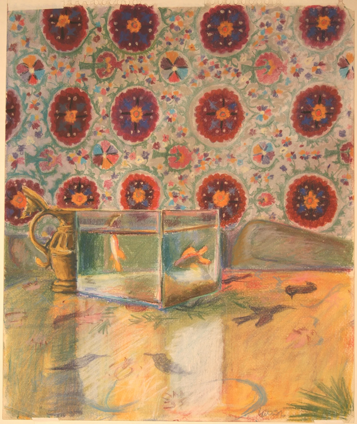 Suzani Tapestry and Goldfish chalk drawing