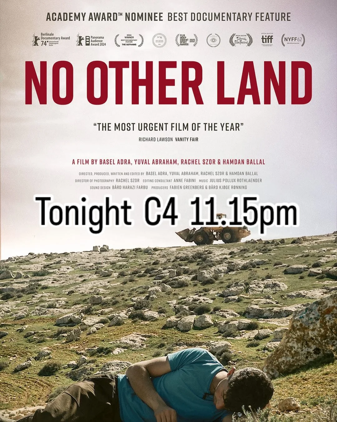 Posted bout this #documentary last week (it&rsquo;s won an #oscar since then. Amazing). Well it&rsquo;s on Channel 4 tonight (Tuesday) at 11.15pm. Really is worth a watch. Incredibly important film making. Top quality stuff #nootherland #westbank #pa
